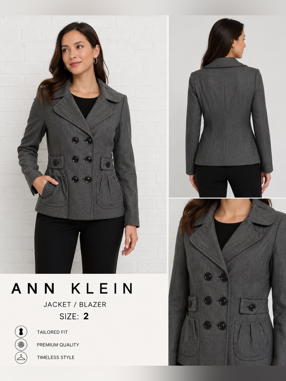 Anne Klein Gray Double Breasted Blazer Jacket Size 2 Classic academia Tailored